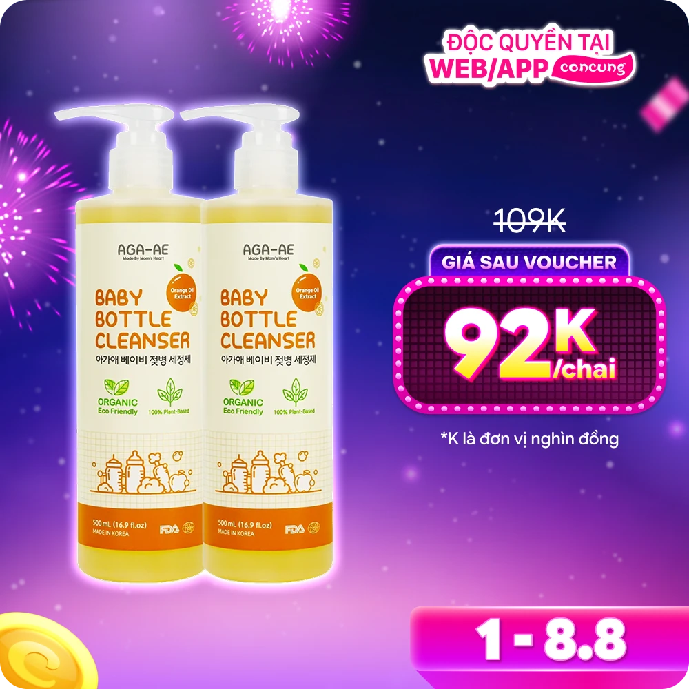 Combo 2 Nước rửa bình sữa AGA-AE hương cam - Chai 500ml (Giao bao bì ngẫu nhiên)