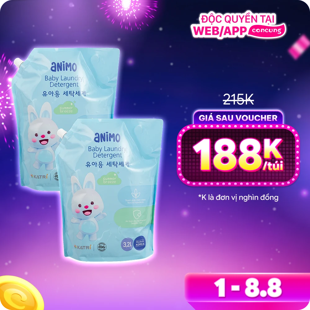 Combo 2 Nước giặt cho bé Animo hương làn gió mùa hè túi refill 3,2L