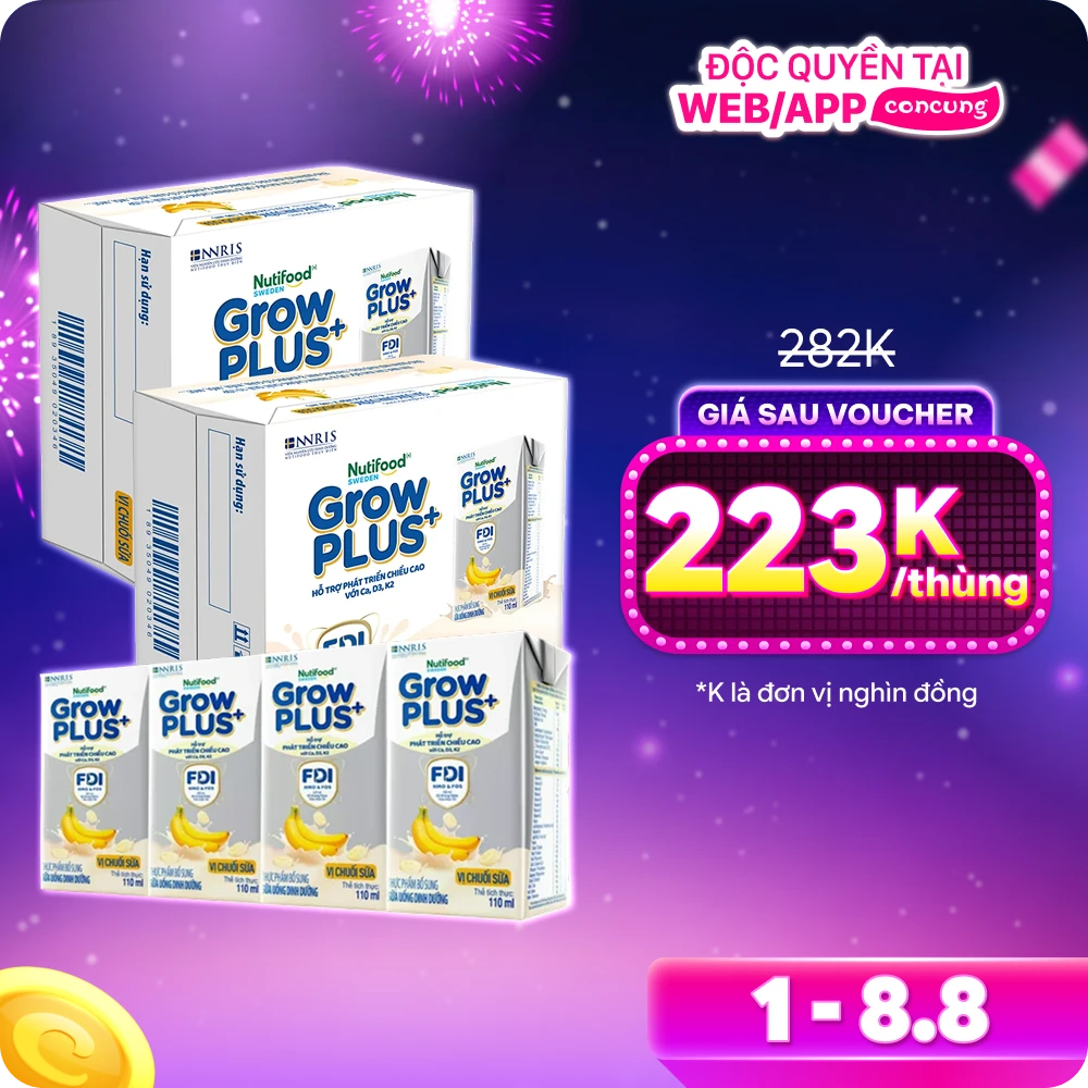 2 thùng sữa bột pha sẵn GrowPLUS+ vị chuối 110ml (lốc 4 hộp) (Trên 1 tuổi)