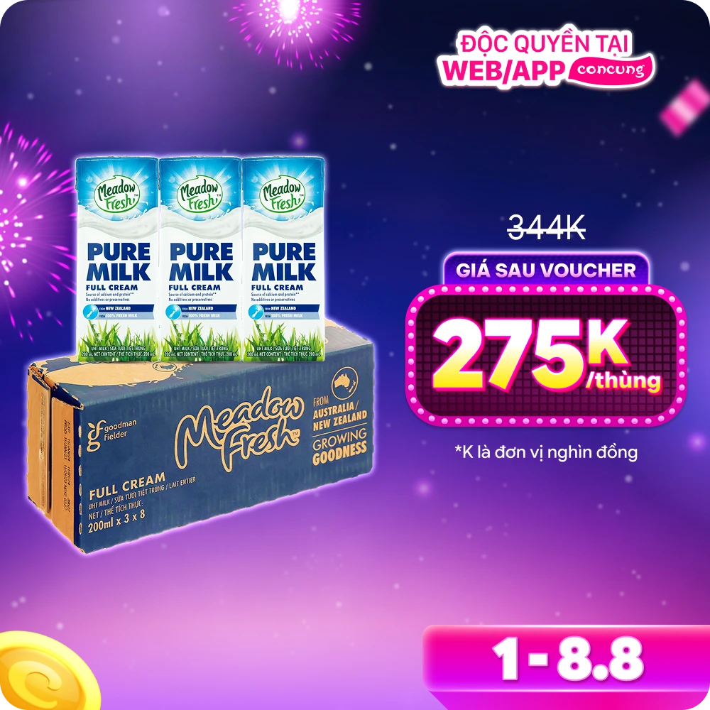Sữa tươi tiệt trùng Nguyên kem nhãn hiệu Meadow Fresh 200ML (Lốc 3 hộp)