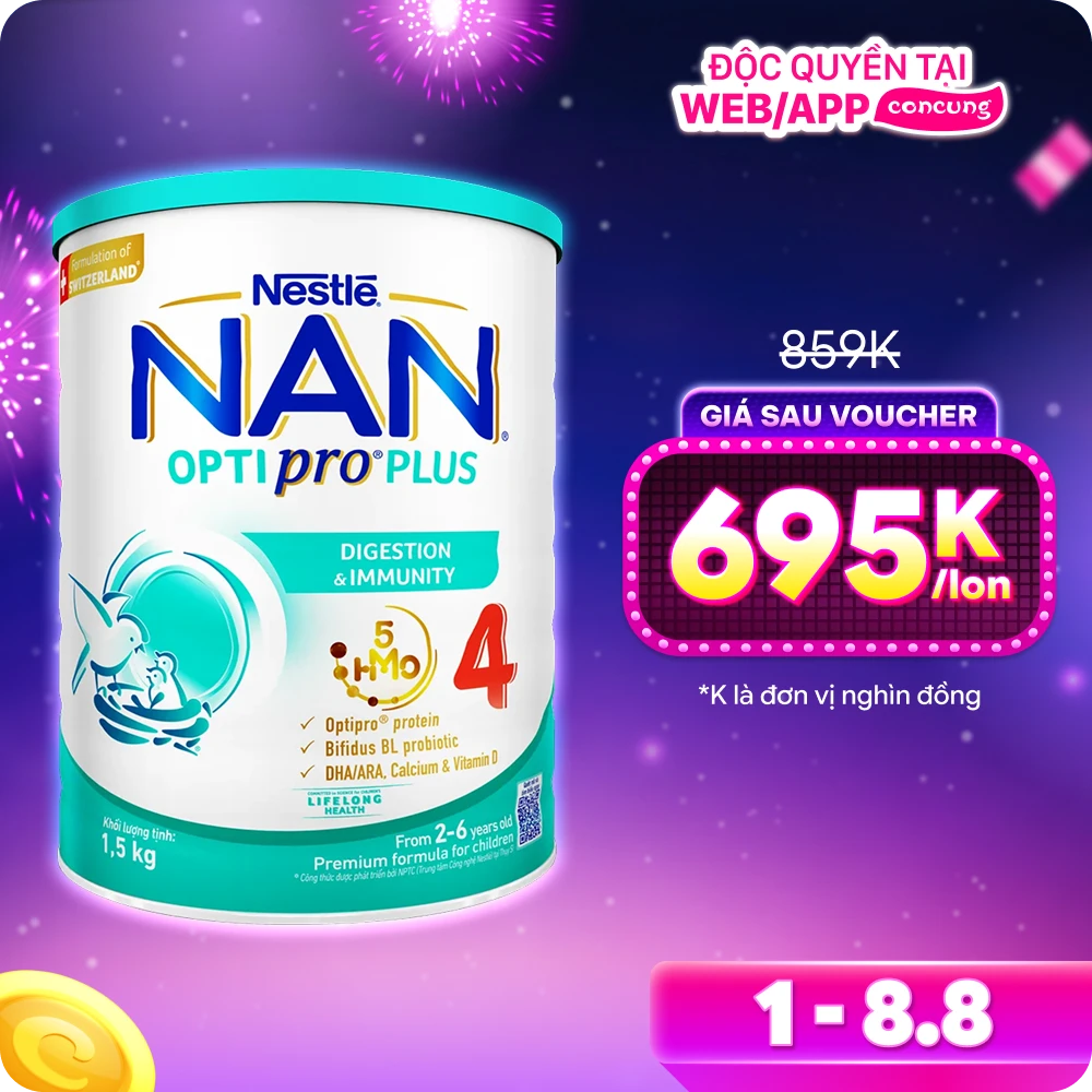 Sữa Nan Optipro PLUS 4 1.5kg, với 5HMO, Công thức từ Thụy Sĩ (2-6 tuổi) (Giao bao bì ngẫu nhiên)