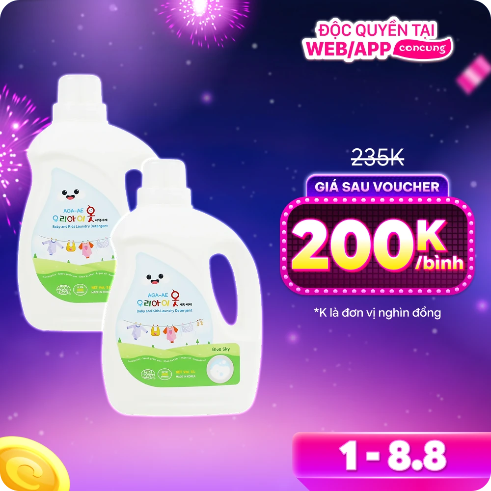 Combo 2 Nước giặt Hàn Quốc Aga-ae cho bé - Blue Sky 3L