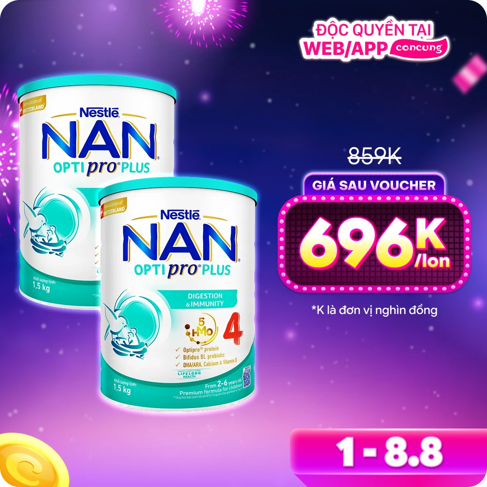 Combo 2 Sữa Nan Optipro PLUS 4 1.5kg, với 5HMO, Công thức từ Thụy Sĩ (2-6 tuổi)