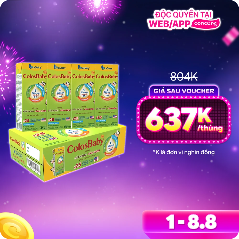 Thùng Sữa bột pha sẵn Colosbaby 180ml (lốc 4 hộp) - 12 lốc