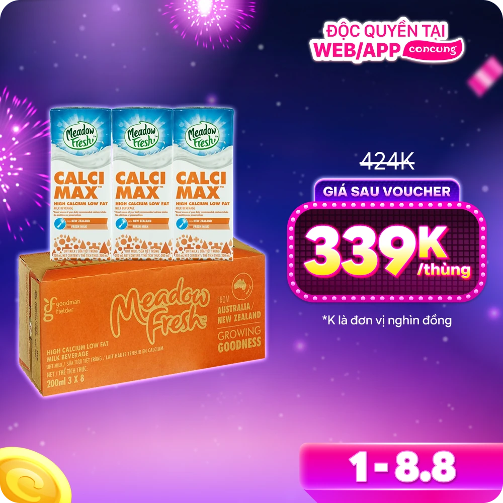 Sữa tươi tiệt trùng Giàu Canxi Ít béo nhãn hiệu Meadow Fresh 200ML (Lốc 3 hộp)