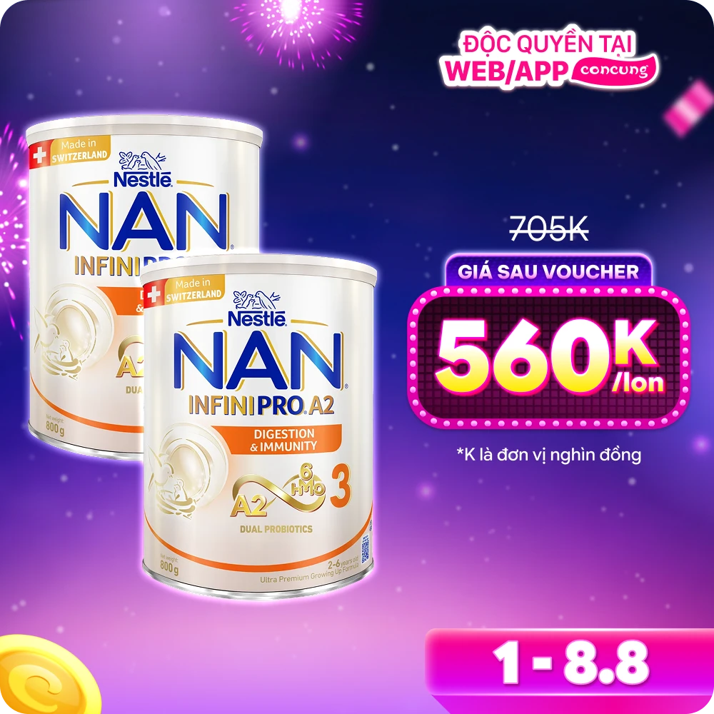Combo 2 Sữa Nestlé NAN INFINIPRO A2 số 3 800g (6HMO) (2-6 tuổi)
