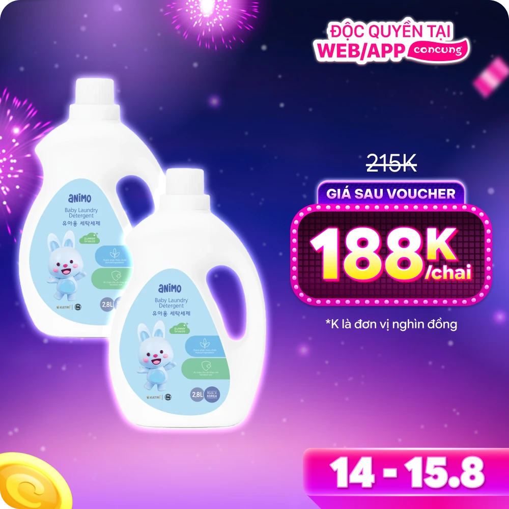 Combo 2 Nước giặt cho bé Animo hương làn gió mùa hè chai 2,8L