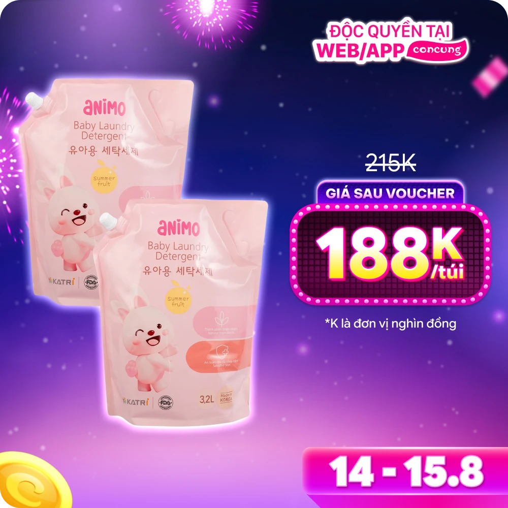 Combo 2 Nước giặt cho bé Animo hương trái cây mùa hè túi refill 3,2L