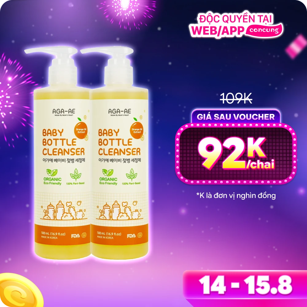 Combo 2 Nước rửa bình sữa AGA-AE hương cam - Chai 500ml (Giao bao bì ngẫu nhiên)