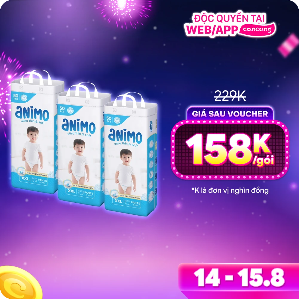 Combo 3 tã Quần Animo Siêu Mềm Thoáng (XXL, 50 miếng)