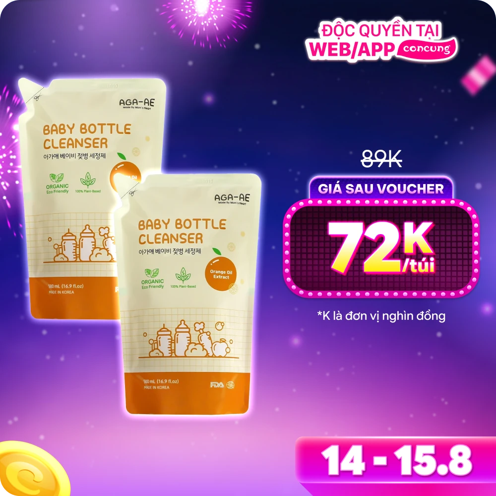 Combo 2 Nước rửa bình sữa AGA-AE hương cam - Túi 500ml (Giao bao bì ngẫu nhiên)