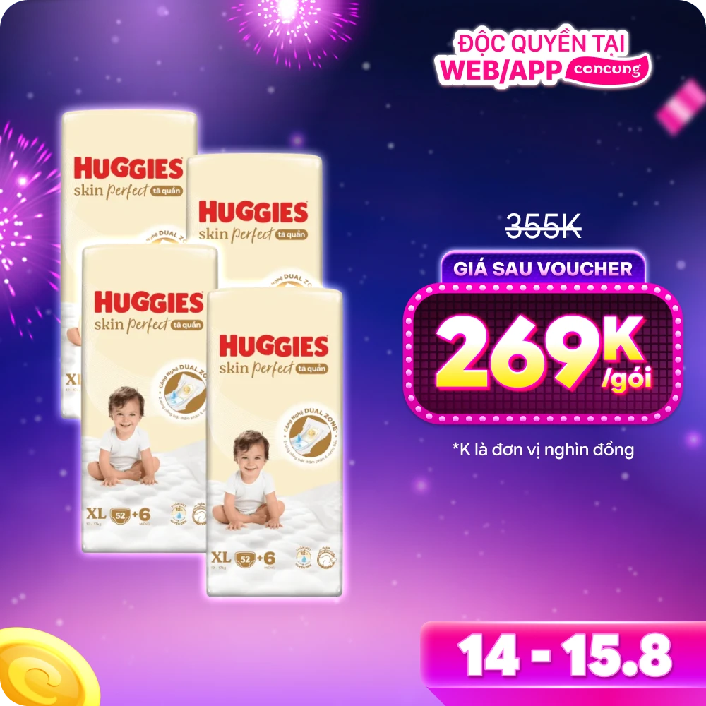 Combo 4 Tã quần Huggies SkinPerfect Pants (XL, 12-17kg, 52+6 miếng) (giao bao bì ngẫu nhiên)
