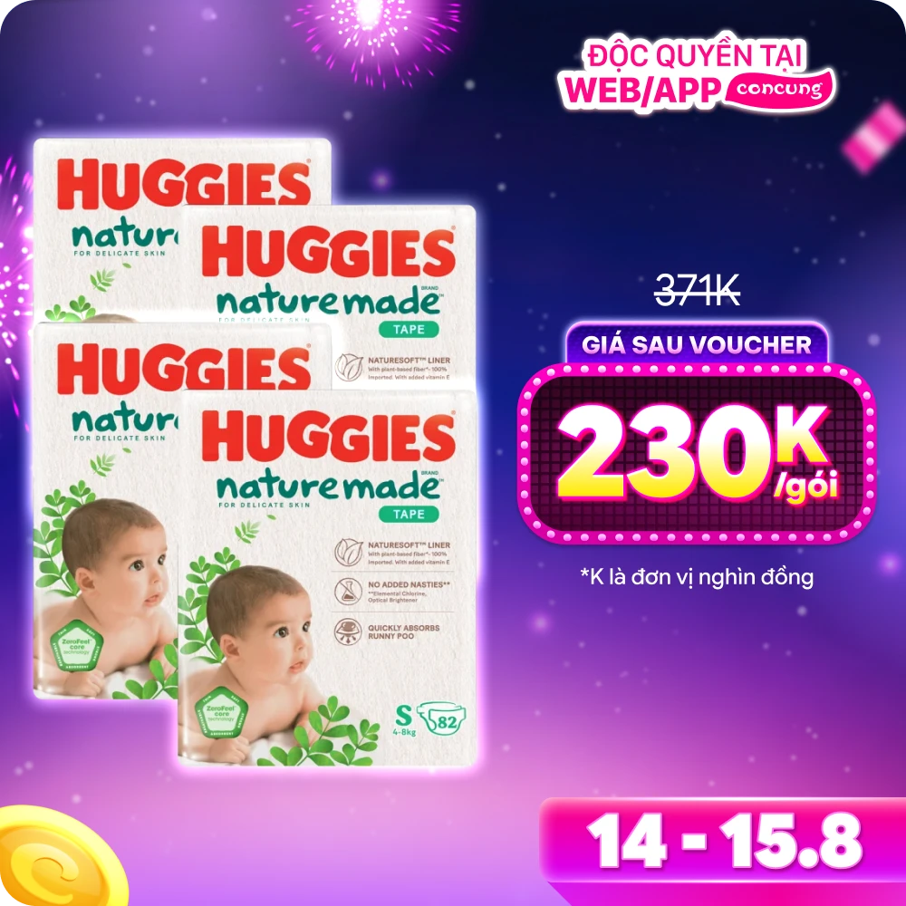 Combo 4 Bỉm tã dán Huggies Platinum Nature Made size S 82 miếng (4-8kg) - Giao bao bì ngẫu nhiên