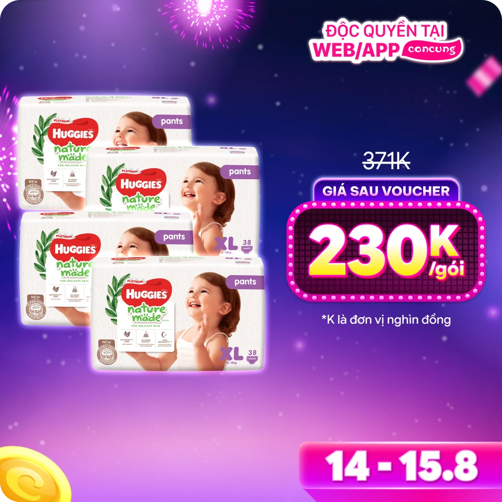 Combo 4 gói Bỉm tã quần Huggies Platinum Nature Made size XL 38 miếng (12-18kg)