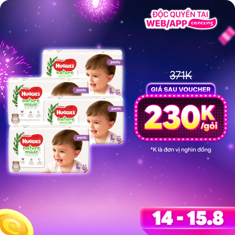 Combo 4 gói Bỉm tã quần Huggies Platinum Nature Made L size 44 miếng (9-14kg)