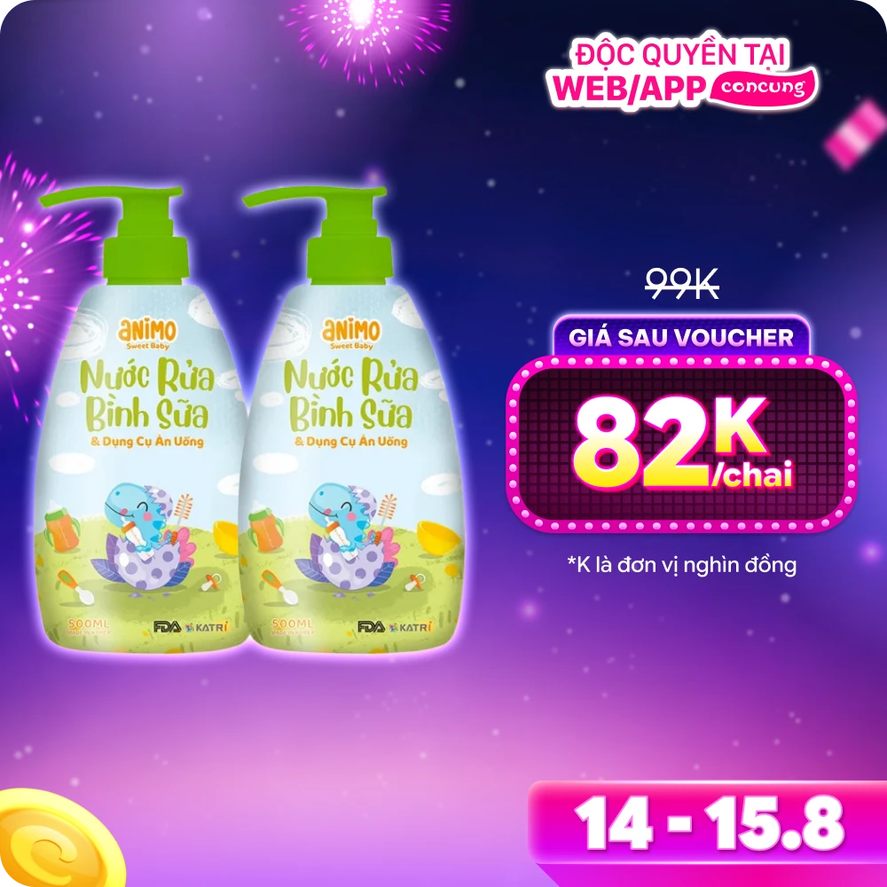 Combo 2 Nước rửa bình sữa kháng khuẩn Animo chai 500ml (Xanh da trời) - Pink plus