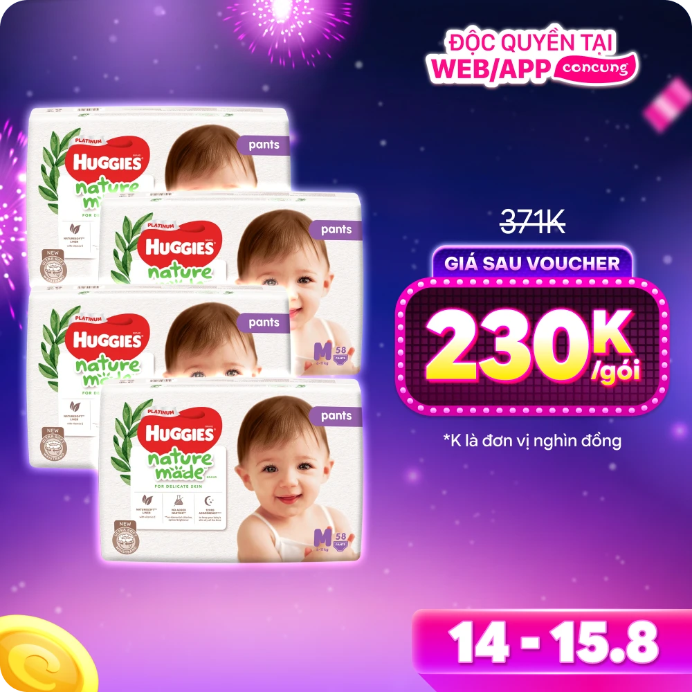 Combo 4 gói Bỉm tã quần Huggies Platinum Nature Made M size 58 miếng (6-11kg)