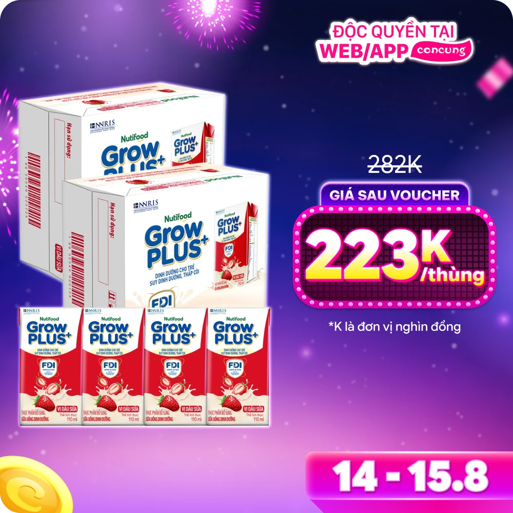 2 thùng sữa bột pha sẵn GrowPLUS+ vị dâu 110ml (lốc 4 hộp) (Trên 1 tuổi)