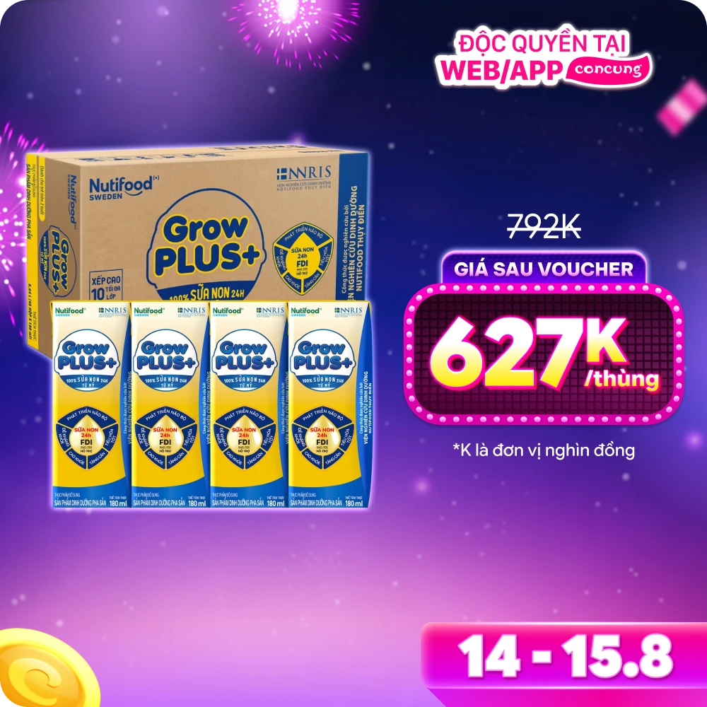 Thùng Sữa GrowPLUS+ Sữa non Vàng 2+ hộp 180ml (lốc 4 hộp)
