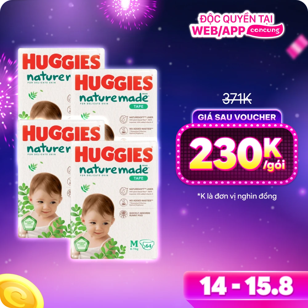 Combo 4 Bỉm tã dán Huggies Platinum Nature Made size M 64 miếng (6-11kg) - Giao bao bì ngẫu nhiên