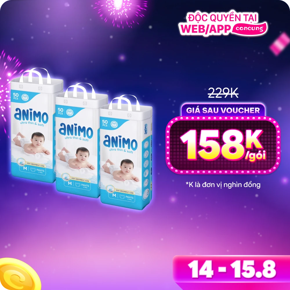 Combo 3 tã quần Animo Siêu Mềm Thoáng (M, 50 miếng)