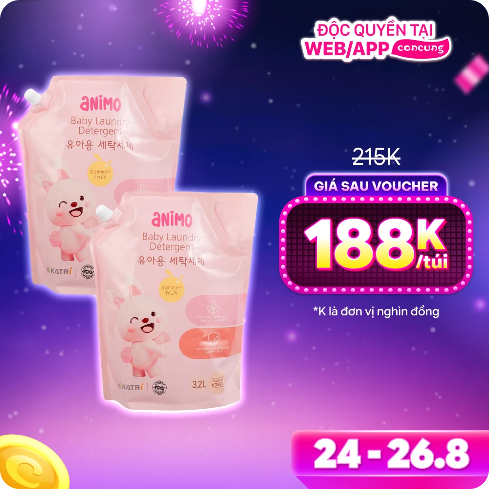 Combo 2 Nước giặt cho bé Animo hương trái cây mùa hè túi refill 3,2L