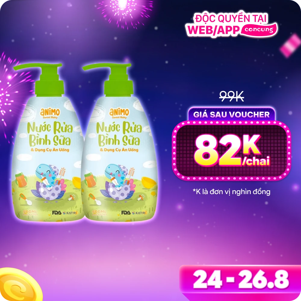 Combo 2 Nước rửa bình sữa kháng khuẩn Animo chai 500ml (Xanh da trời) - Pink plus
