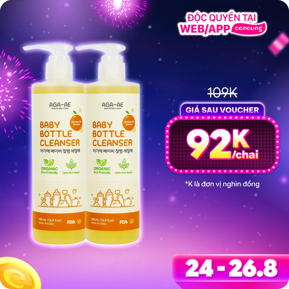 Combo 2 Nước rửa bình sữa AGA-AE hương cam - Chai 500ml (Giao bao bì ngẫu nhiên)