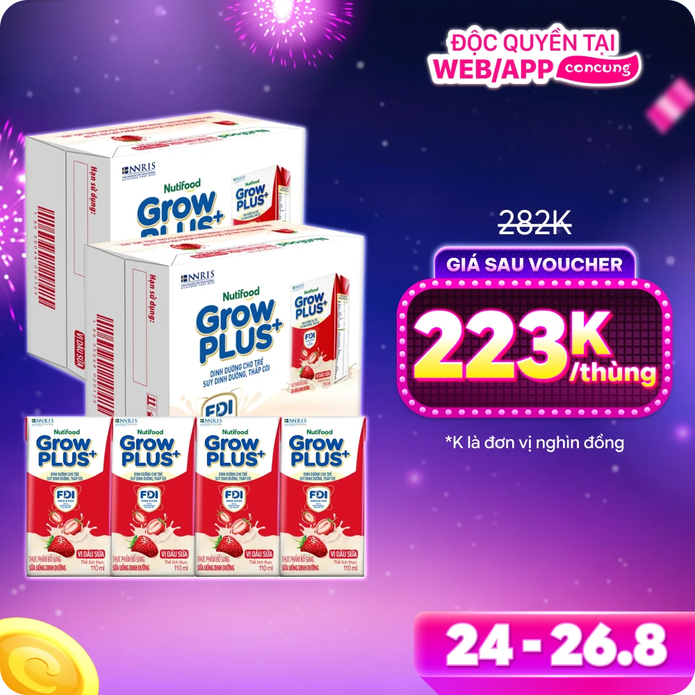 2 thùng sữa bột pha sẵn GrowPLUS+ vị dâu 110ml (lốc 4 hộp) (Trên 1 tuổi)
