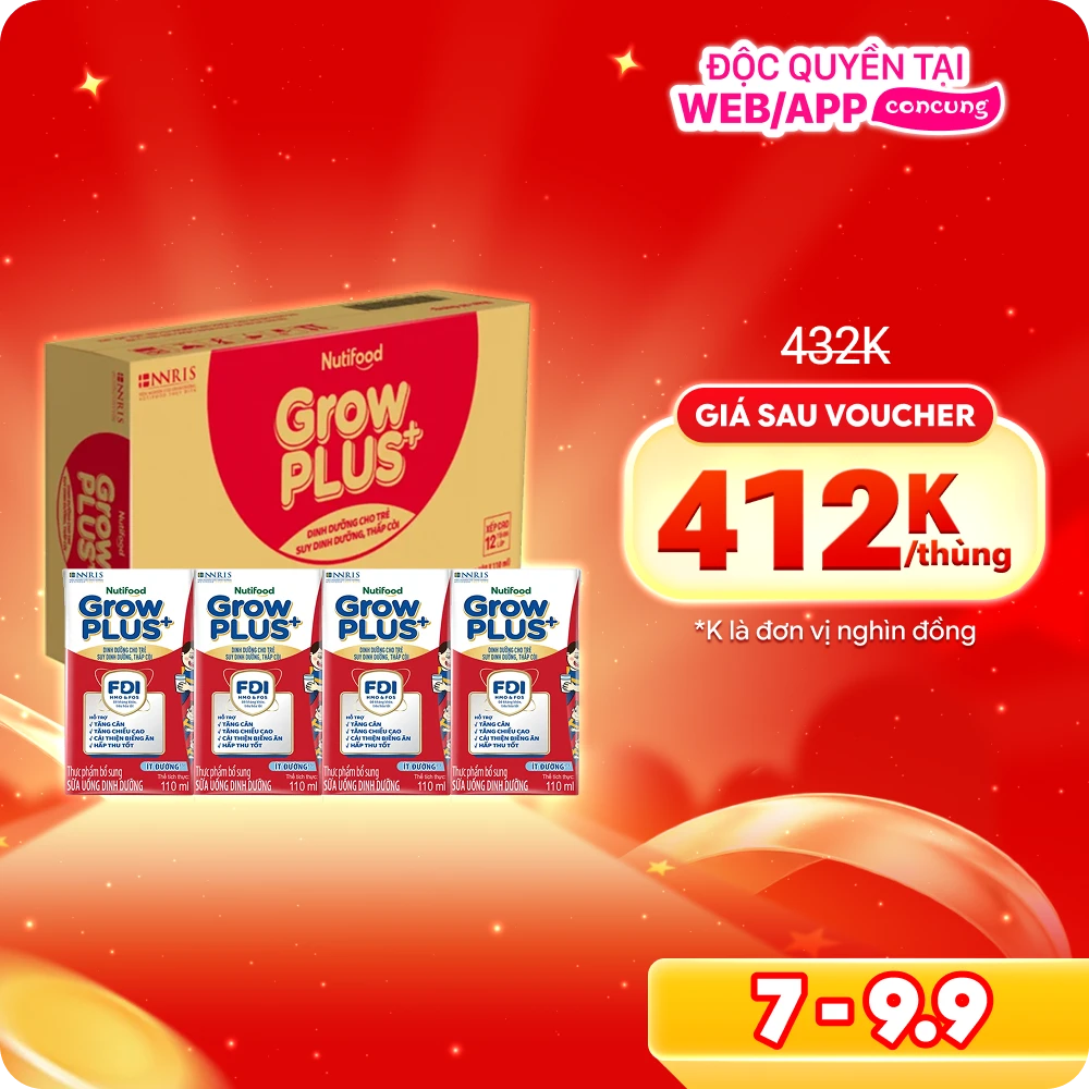 Thùng SPDDPS GrowPLUS 110ml Ít đường (lốc 4 hộp) - 12 lốc