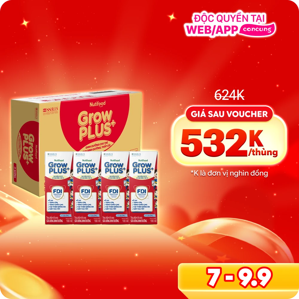 Thùng SPDDPS GrowPLUS 180ml Ít đường (lốc 4 hộp) - 12 lốc