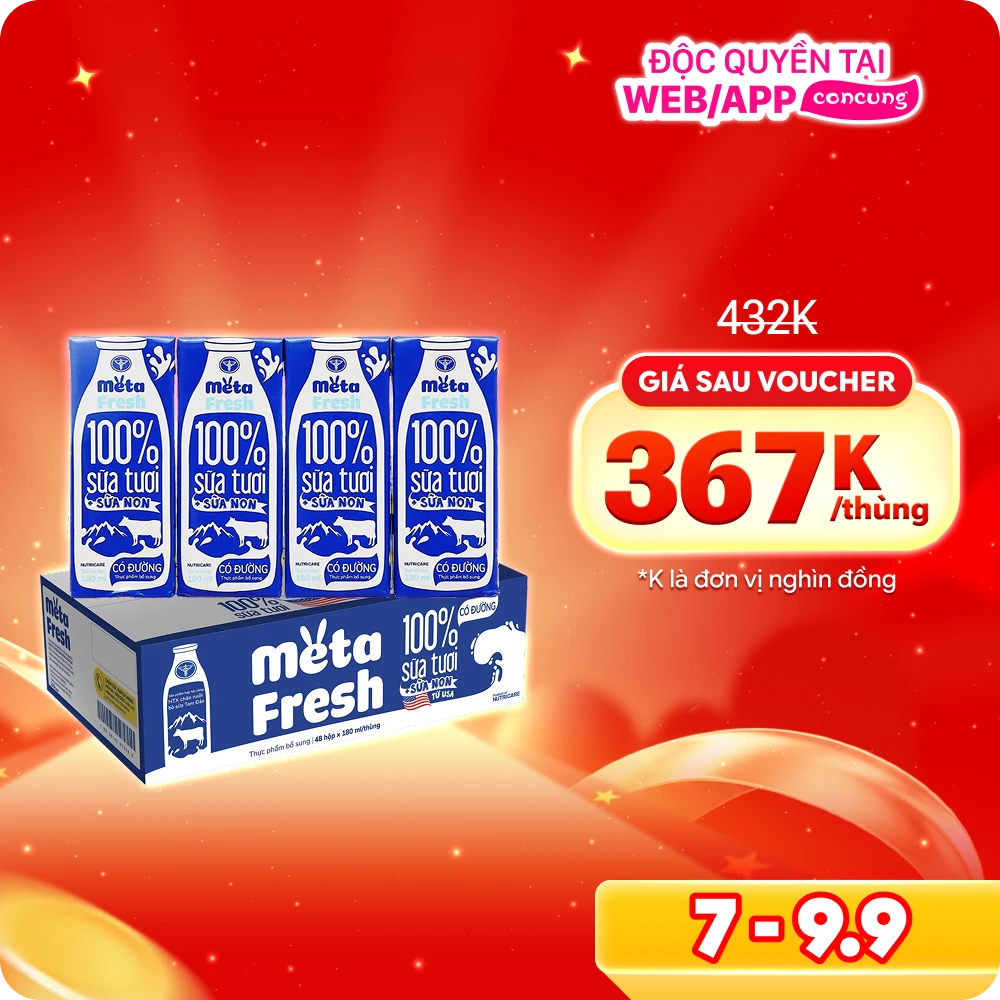 Thùng sữa tươi có đường bổ sung sữa non Metafresh 180ml, lốc 4 hộp