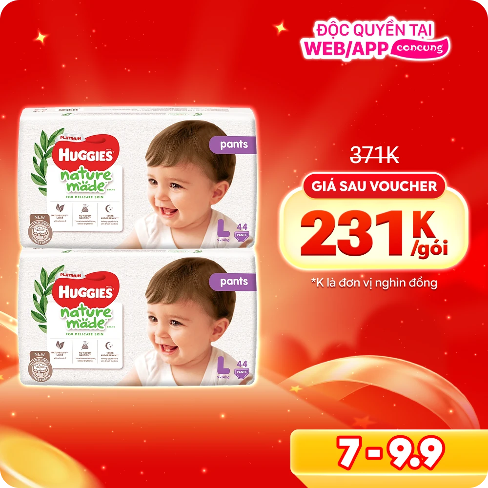 Combo 2 gói Bỉm tã quần Huggies Platinum Nature Made L size 44 miếng (9-14kg)