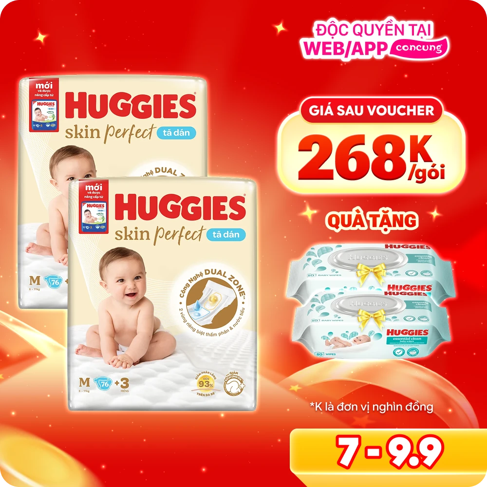 Combo 2 Tã dán cực đại Huggies Skin Perfect (M, 6-11kg, 76 miếng)