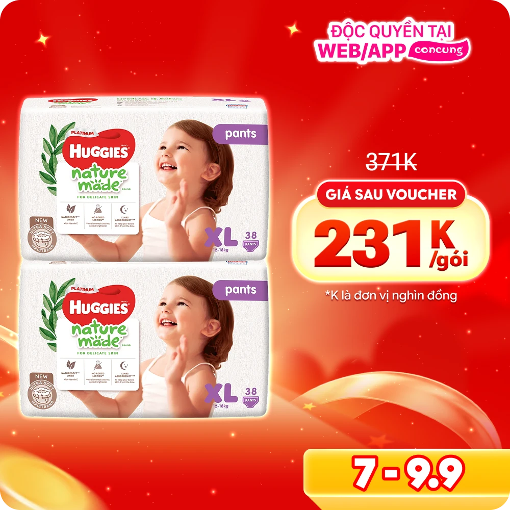 Combo 2 gói Bỉm tã quần Huggies Platinum Nature Made size XL 38 miếng (12-18kg)