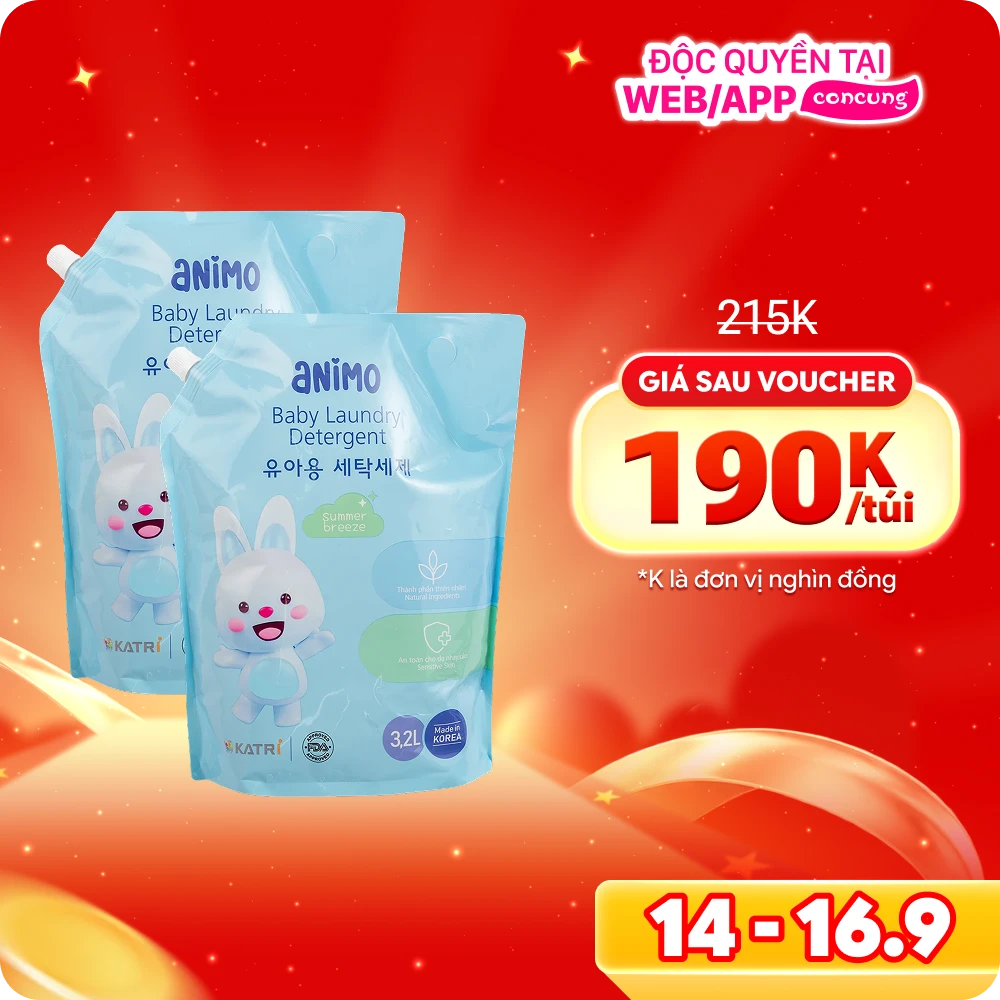 Combo 2 Nước giặt cho bé Animo hương làn gió mùa hè túi refill 3,2L