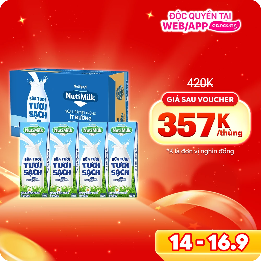 Thùng Sữa tươi sạch tiệt trùng Nutimilk, ít đường, 180ml (lốc 4 hộp)