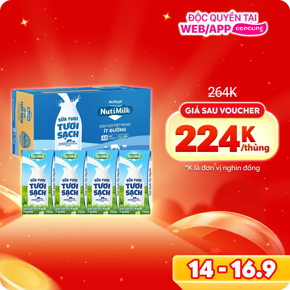 Thùng Sữa tươi sạch tiệt trùng Nutimilk, ít đường, 110ml (lốc 4 hộp)