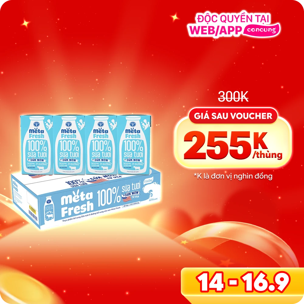 Thùng sữa tươi ít đường bổ sung sữa non Metafresh 110ml, lốc 4 hộp