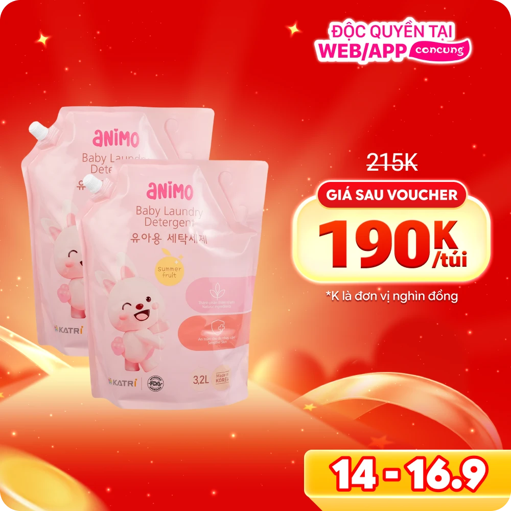 Combo 2 Nước giặt cho bé Animo hương trái cây mùa hè túi refill 3,2L