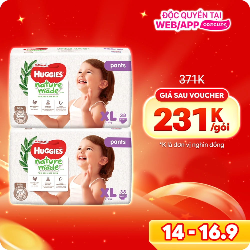 Combo 2 gói Bỉm tã quần Huggies Platinum Nature Made size XL 38 miếng (12-18kg)