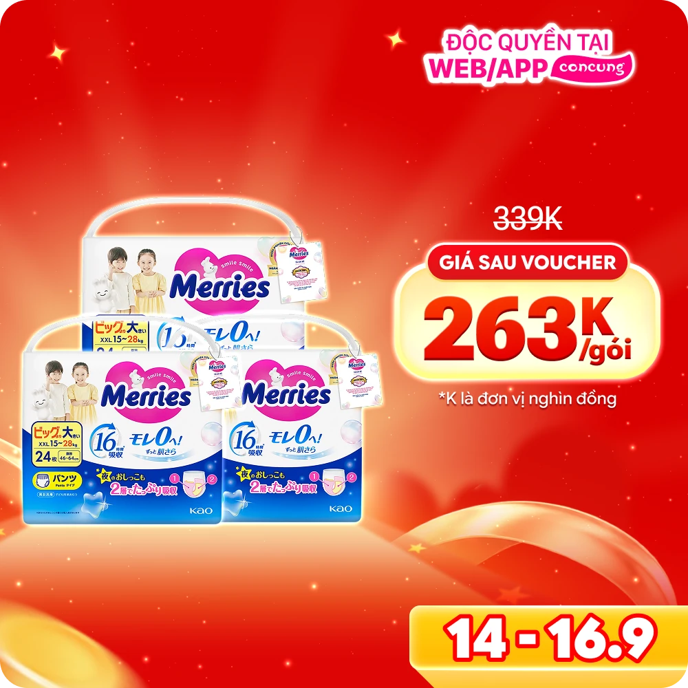 Combo 3 Tã quần Merries (XXL, 15-28kg, 24 miếng)