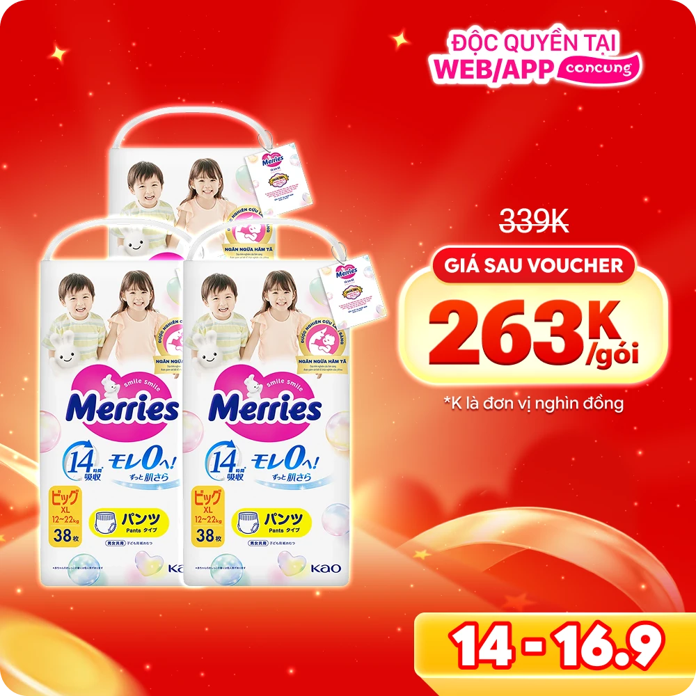 Combo 3 Tã quần Merries (XL, 12-22kg, 38 miếng)