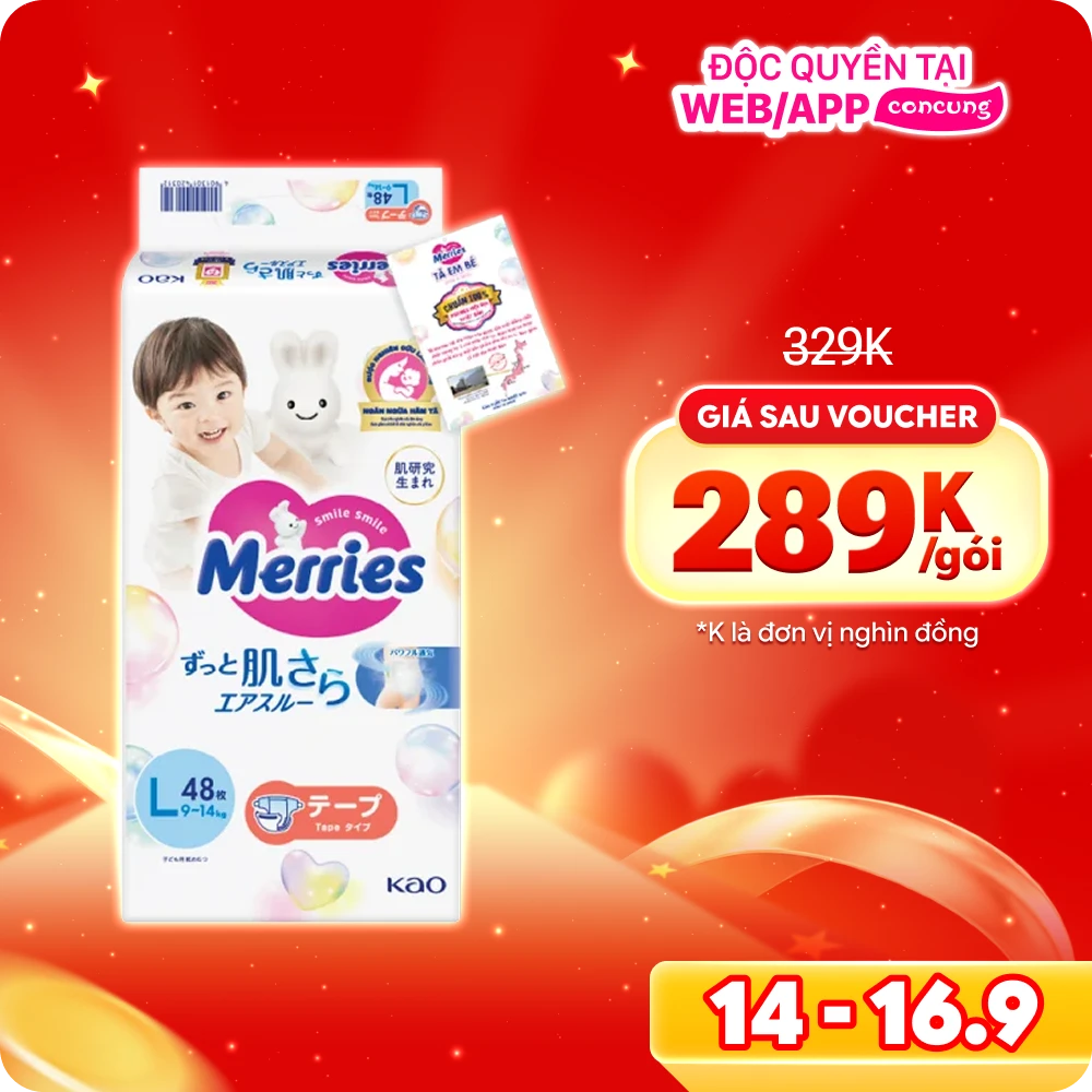 Tã dán Merries (L, 9-14kg, 48 miếng)
