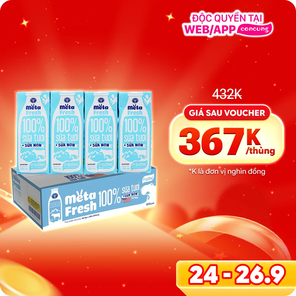 Thùng sữa tươi ít đường bổ sung sữa non Metafresh 180ml, lốc 4 hộp