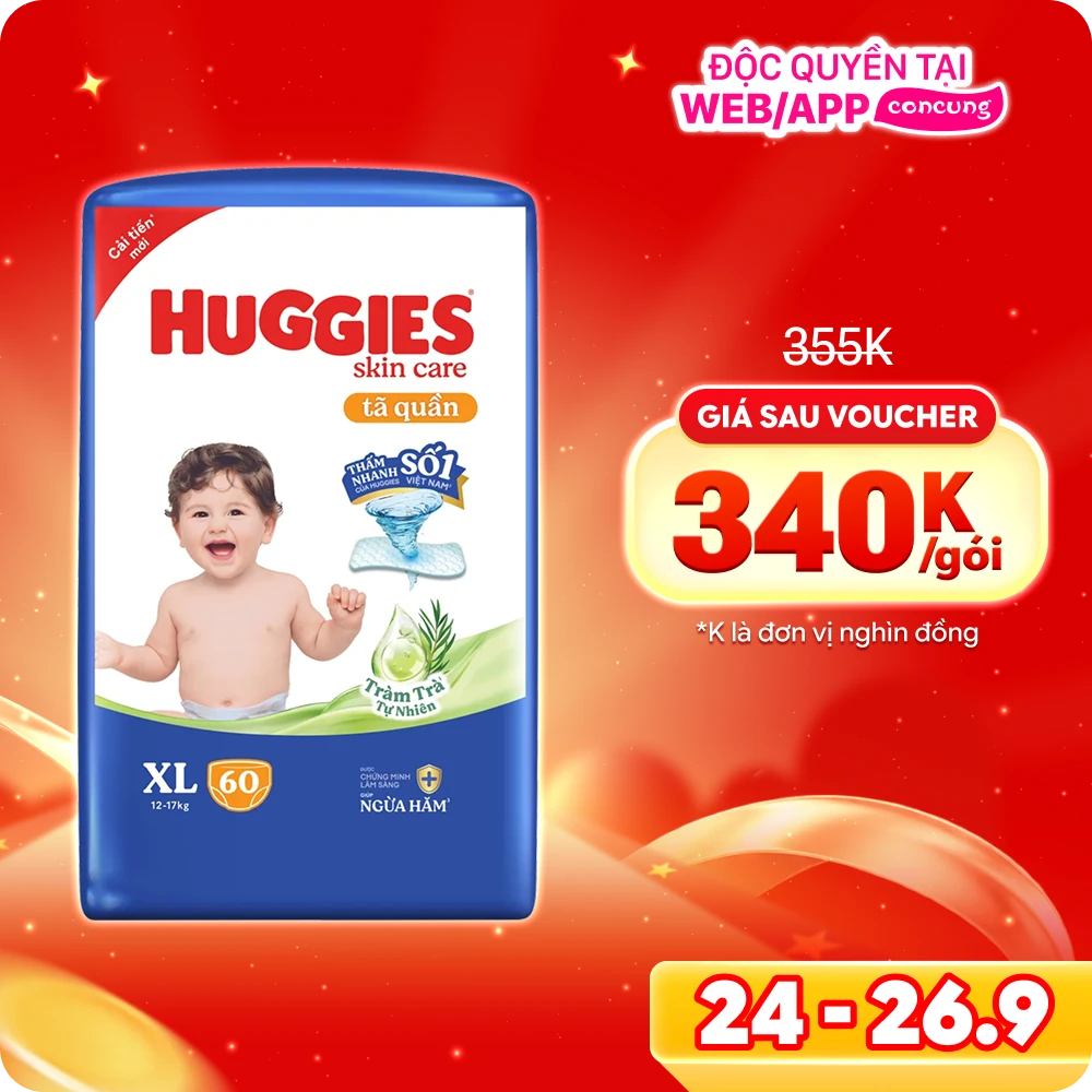 Tã quần Huggies Skincare gói cực đại (XL, 12-17kg, 60 miếng) (giao bao bì ngẫu nhiên)