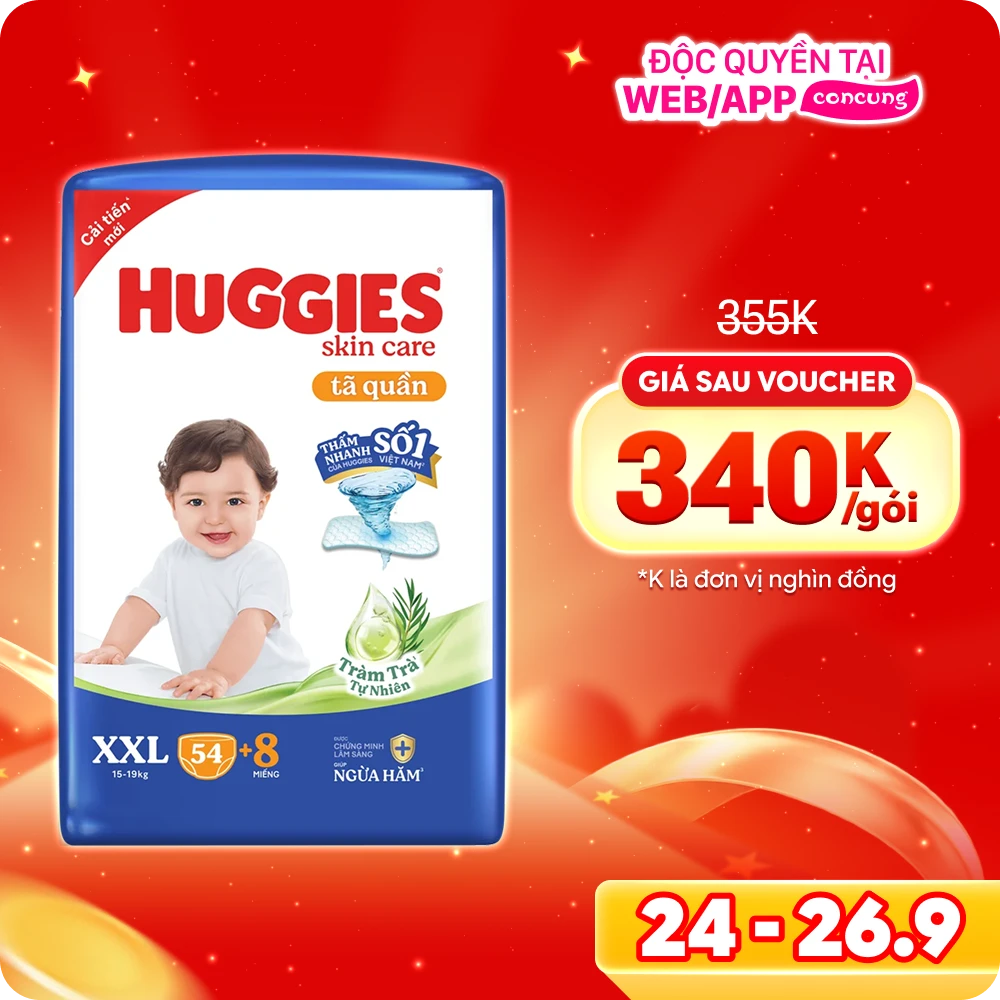 Tã quần Huggies Skincare gói cực đại (XXL, >15kg, 54 miếng) (Giao bao bì ngẫu nhiên)