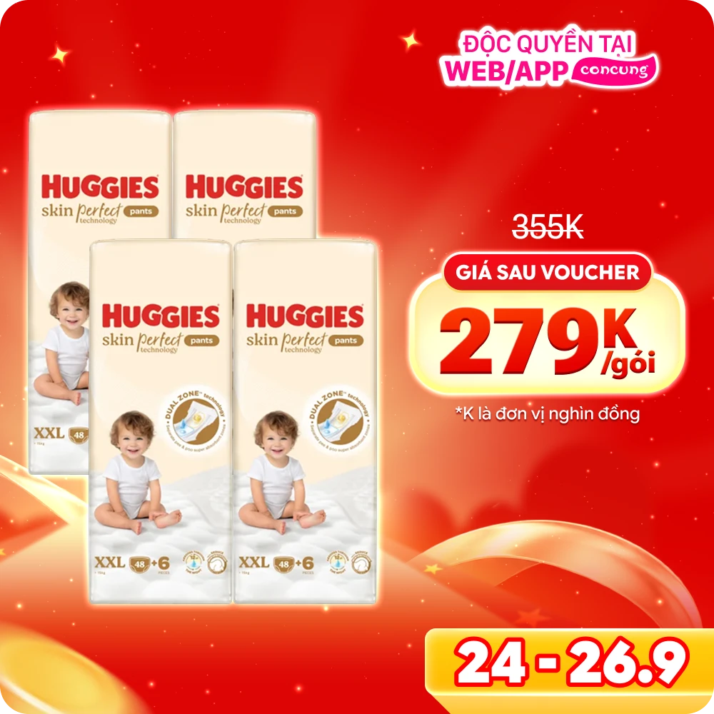 Combo 4 Tã quần Huggies SkinPerfect Pants (XXL, >15kg, 48+6 miếng) (giao bao bì ngẫu nhiên)