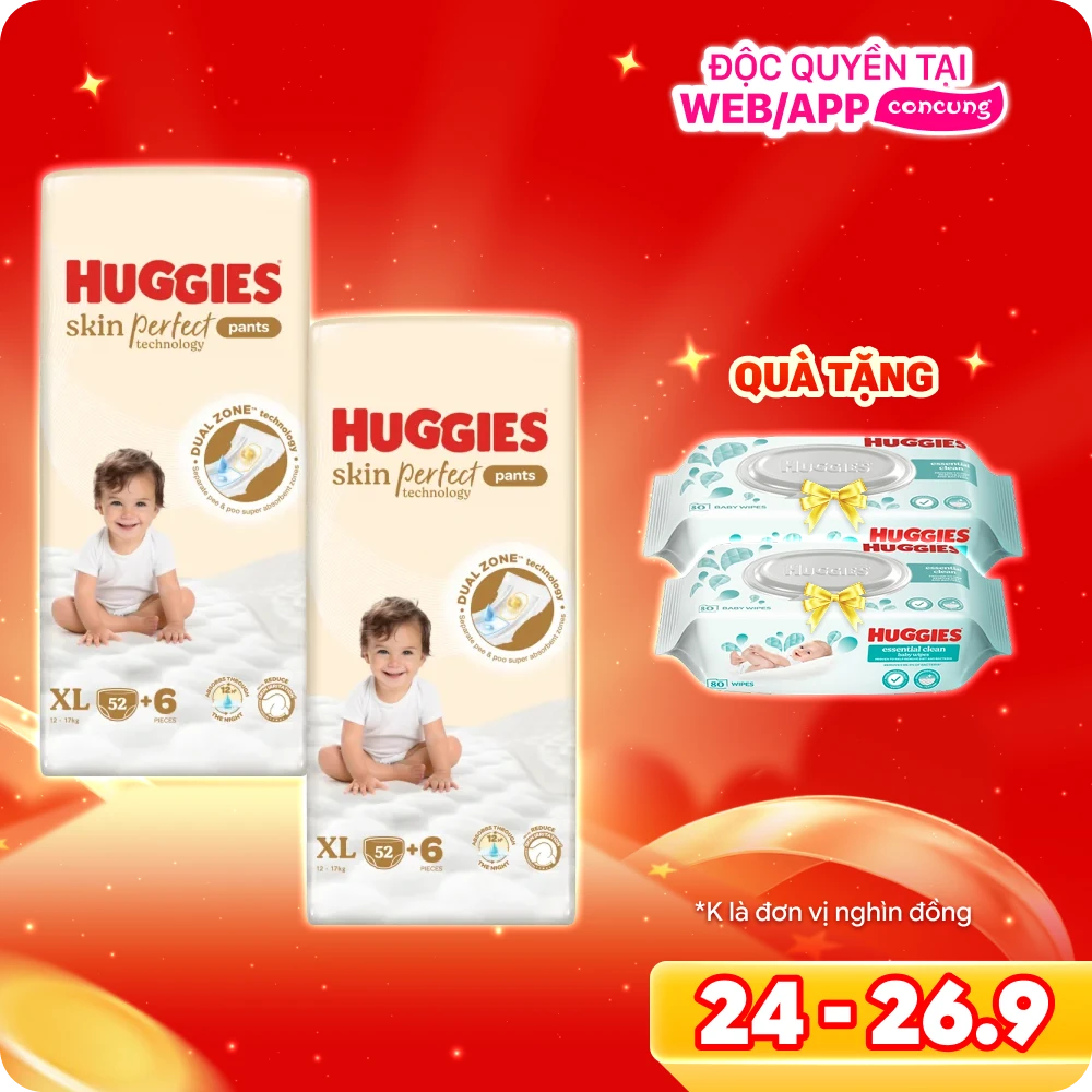 Bỉm tã quần Huggies SkinPerfect Pants (XL, 12-17kg, 52+6 miếng) (giao bao bì ngẫu nhiên)