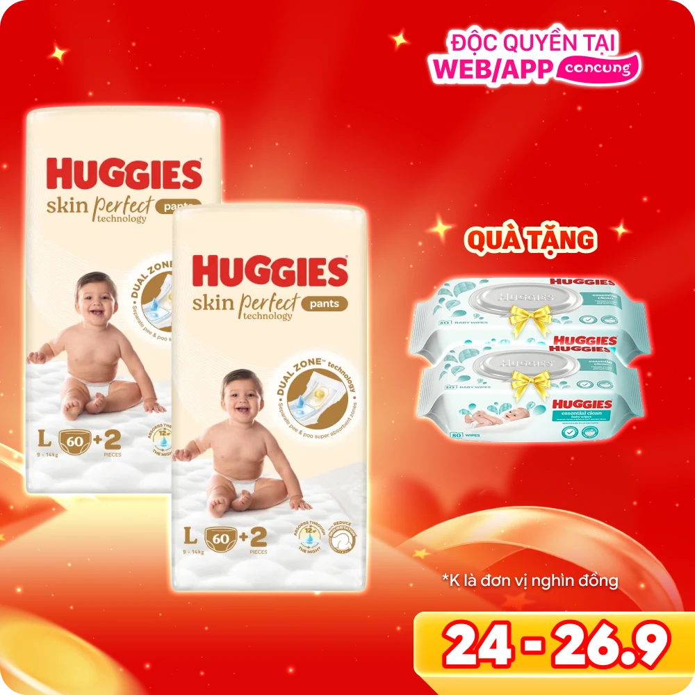 Bìm tã quần Huggies SkinPerfect Pants (L, 9-14kg, 60+2 miếng) (bao bì giao ngẫu nhiên)
